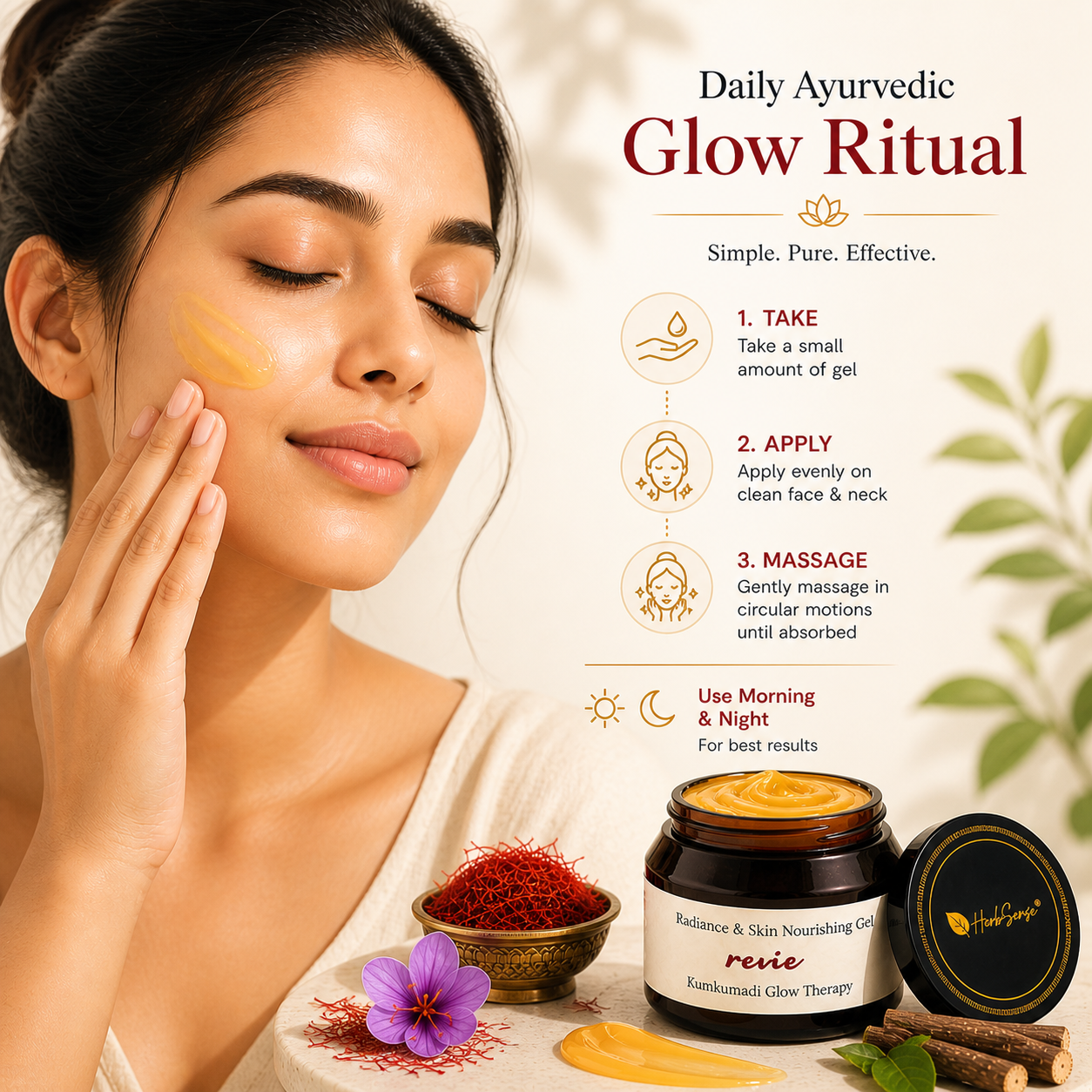 Revie Kumkumadi Glow Therapy Face Gel, Ayurvedic Radiance Ritual with Saffron & Cardamom, Lightweight Non-Sticky Gel for Radiant, Even-Looking Skin (50g)