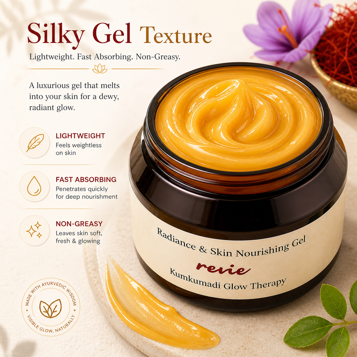 Revie Kumkumadi Glow Therapy Face Gel, Ayurvedic Radiance Ritual with Saffron & Cardamom, Lightweight Non-Sticky Gel for Radiant, Even-Looking Skin (50g)