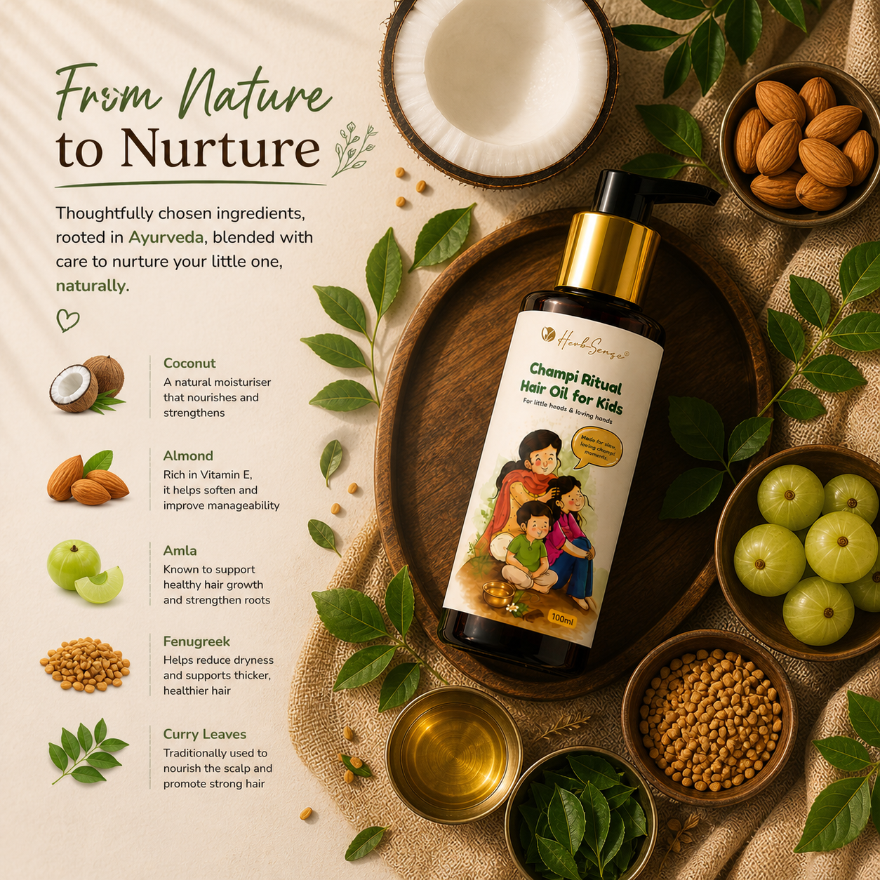 Champi Ritual Hair Oil for Kids | Nourishing Ayurvedic Oil with Sesame, Coconut, Almond & Neem | Gentle Scalp Care for Children | Non-Sticky | 100 ml