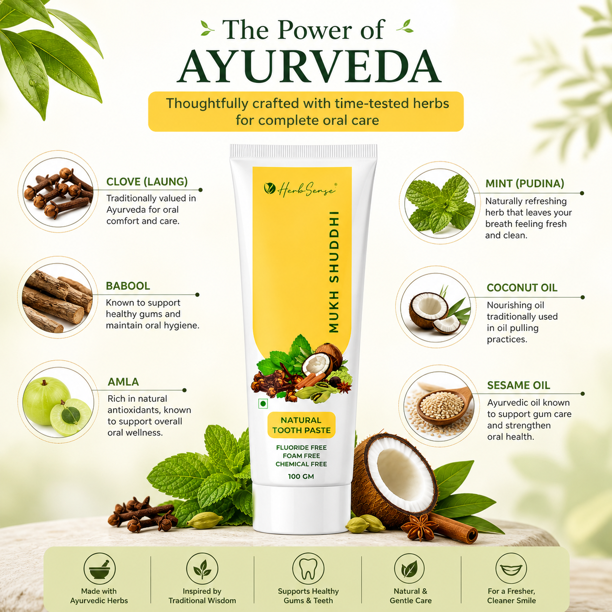 Ayurvedic Toothpaste | Fluoride-Free, SLS-Free, Non-Foaming | Clove, Mint, Coconut & Sesame Oil | Fresh Breath & Gum Care | Mukh Shuddhi 100g