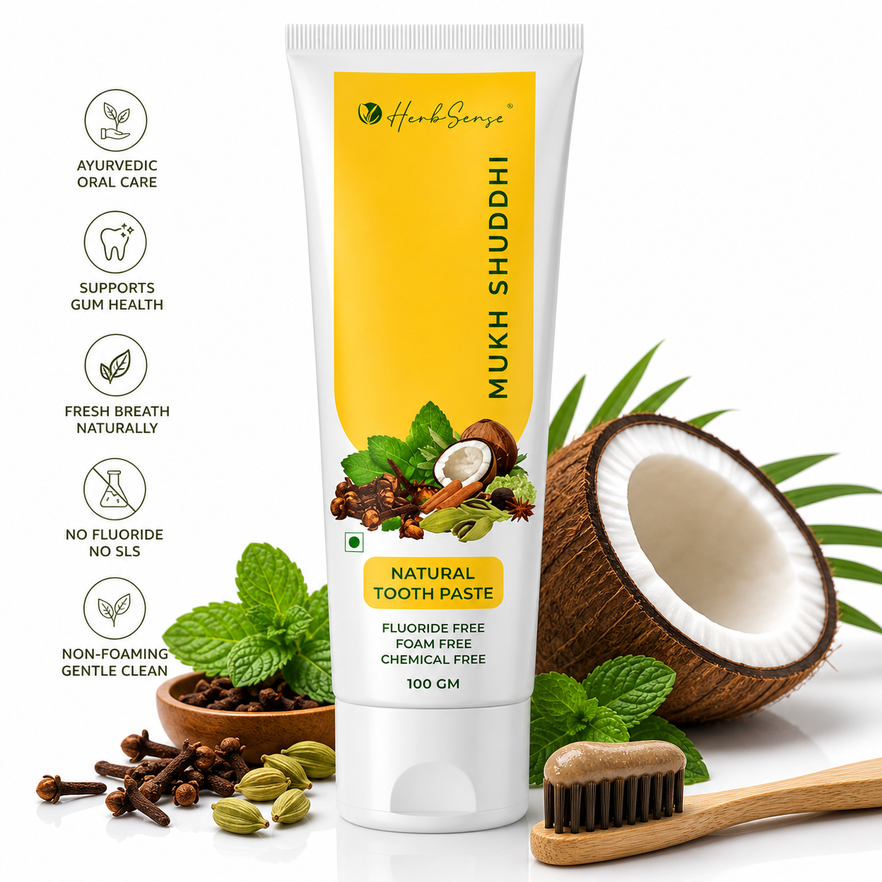 Ayurvedic Toothpaste | Fluoride-Free, SLS-Free, Non-Foaming | Clove, Mint, Coconut & Sesame Oil | Fresh Breath & Gum Care | Mukh Shuddhi 100g