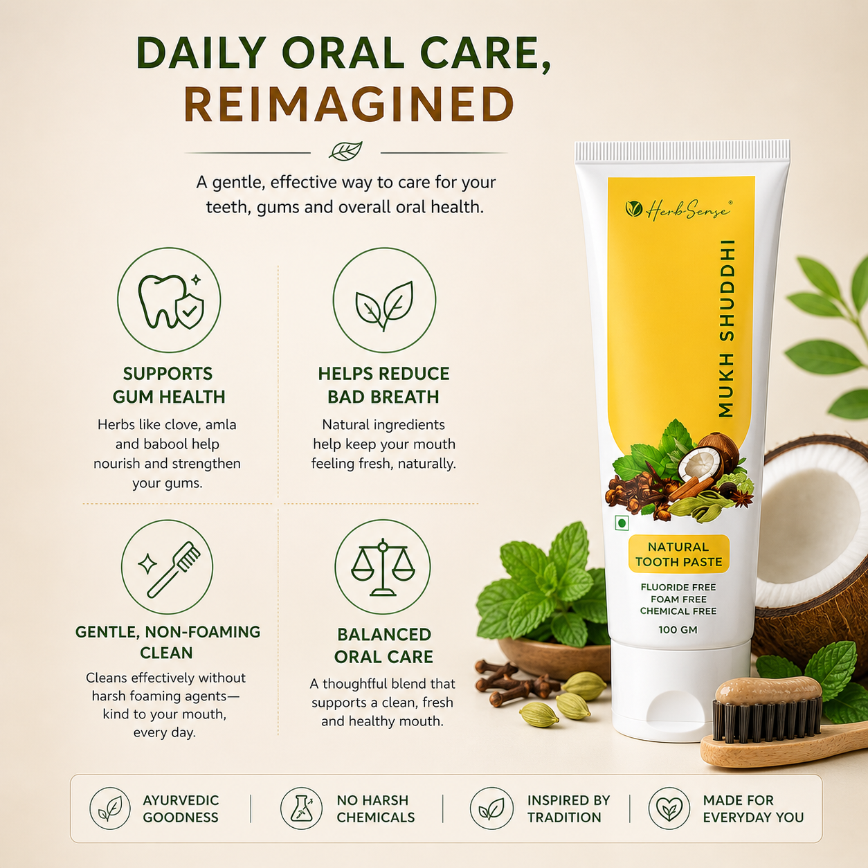 Ayurvedic Toothpaste | Fluoride-Free, SLS-Free, Non-Foaming | Clove, Mint, Coconut & Sesame Oil | Fresh Breath & Gum Care | Mukh Shuddhi 100g