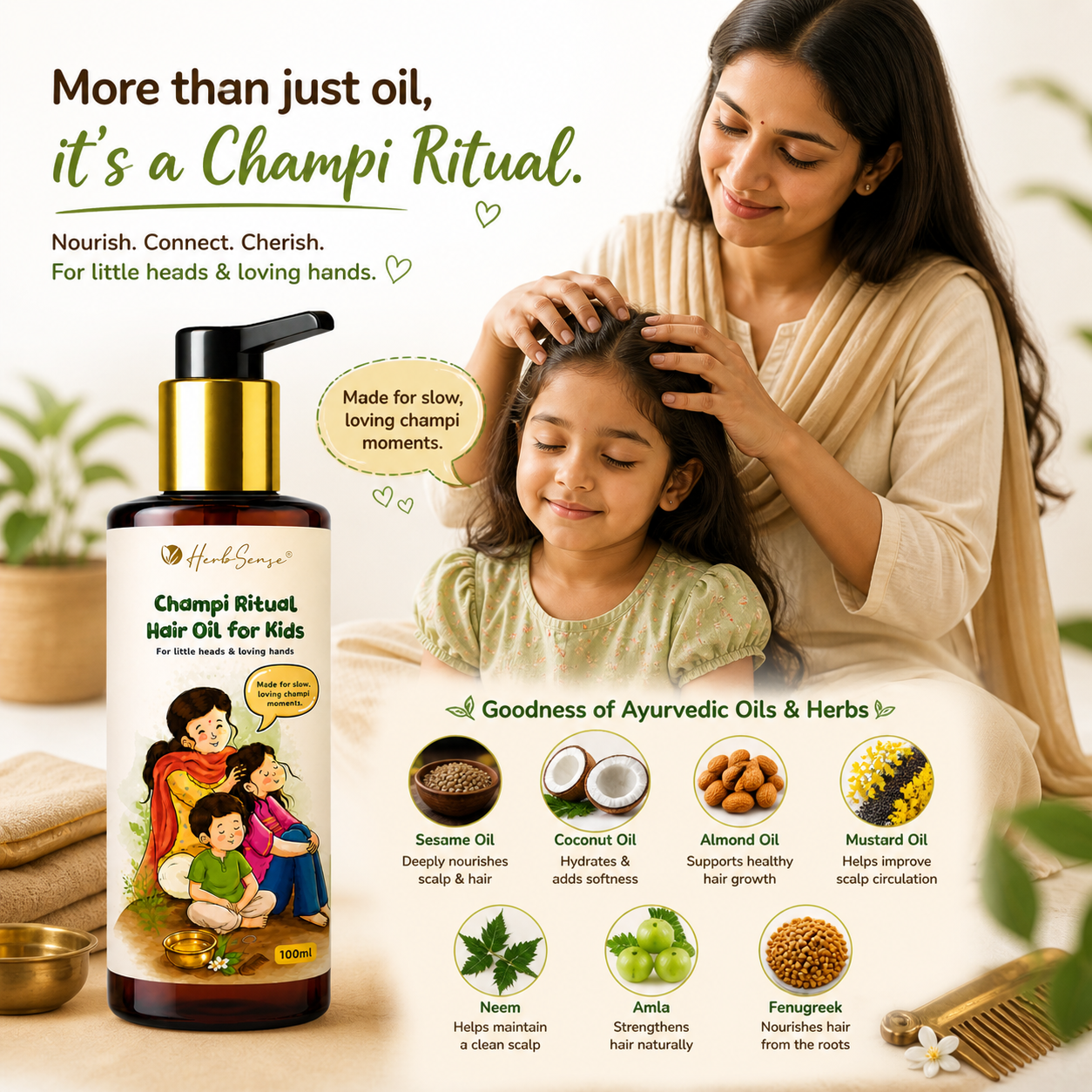 Champi Ritual Hair Oil for Kids | Nourishing Ayurvedic Oil with Sesame, Coconut, Almond & Neem | Gentle Scalp Care for Children | Non-Sticky | 100 ml