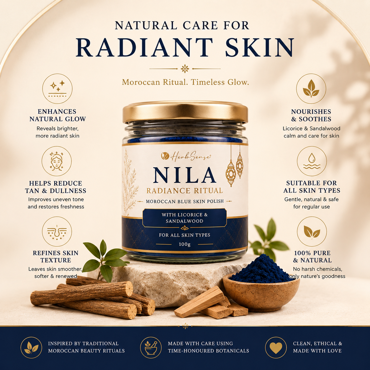 Nila Radiance Ritual Powder | Moroccan Blue Skin Polish | For Tan Removal, Glow & Skin Brightening | 100g