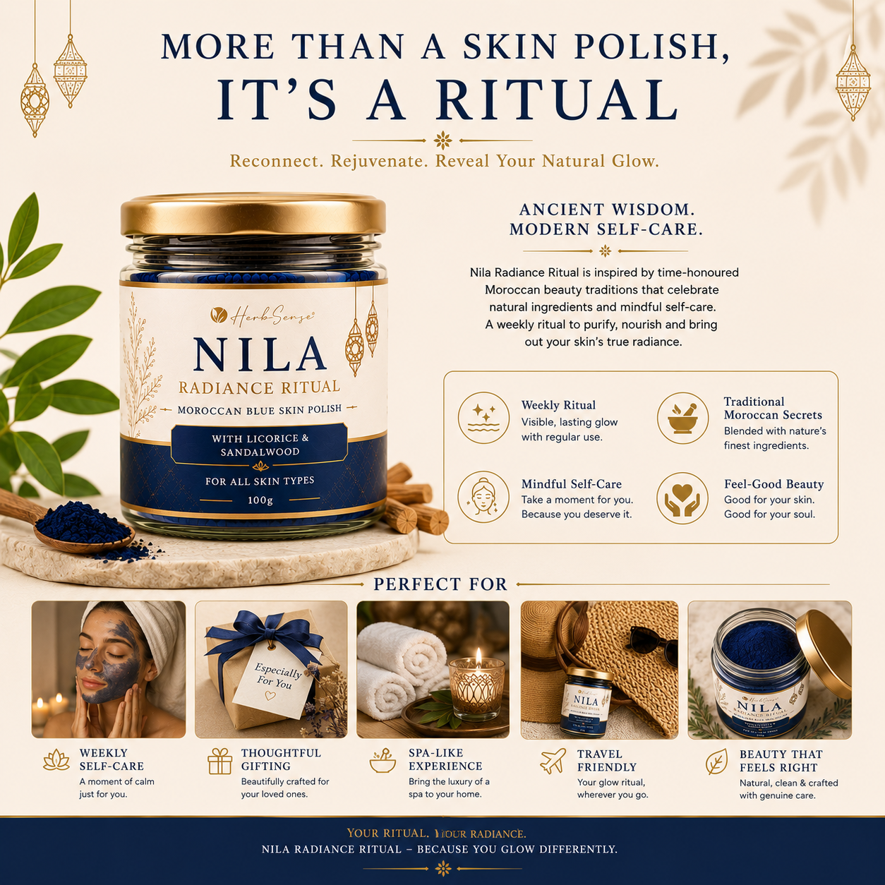 Nila Radiance Ritual Powder | Moroccan Blue Skin Polish | For Tan Removal, Glow & Skin Brightening | 100g