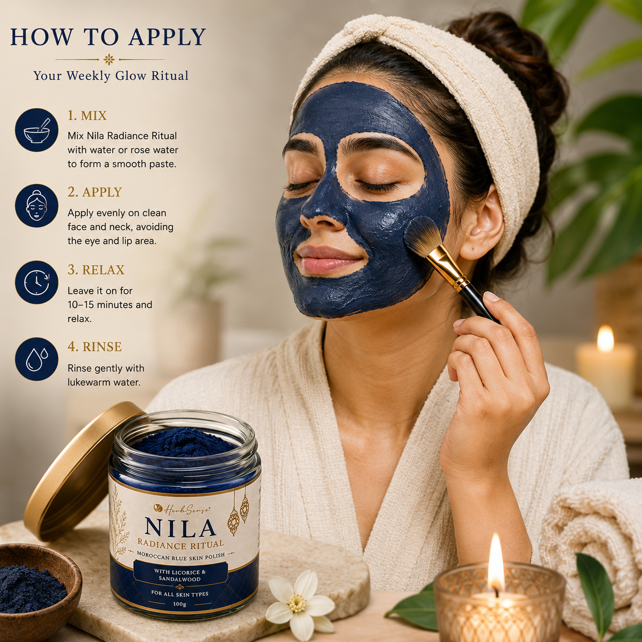 Nila Radiance Ritual Powder | Moroccan Blue Skin Polish | For Tan Removal, Glow & Skin Brightening | 100g