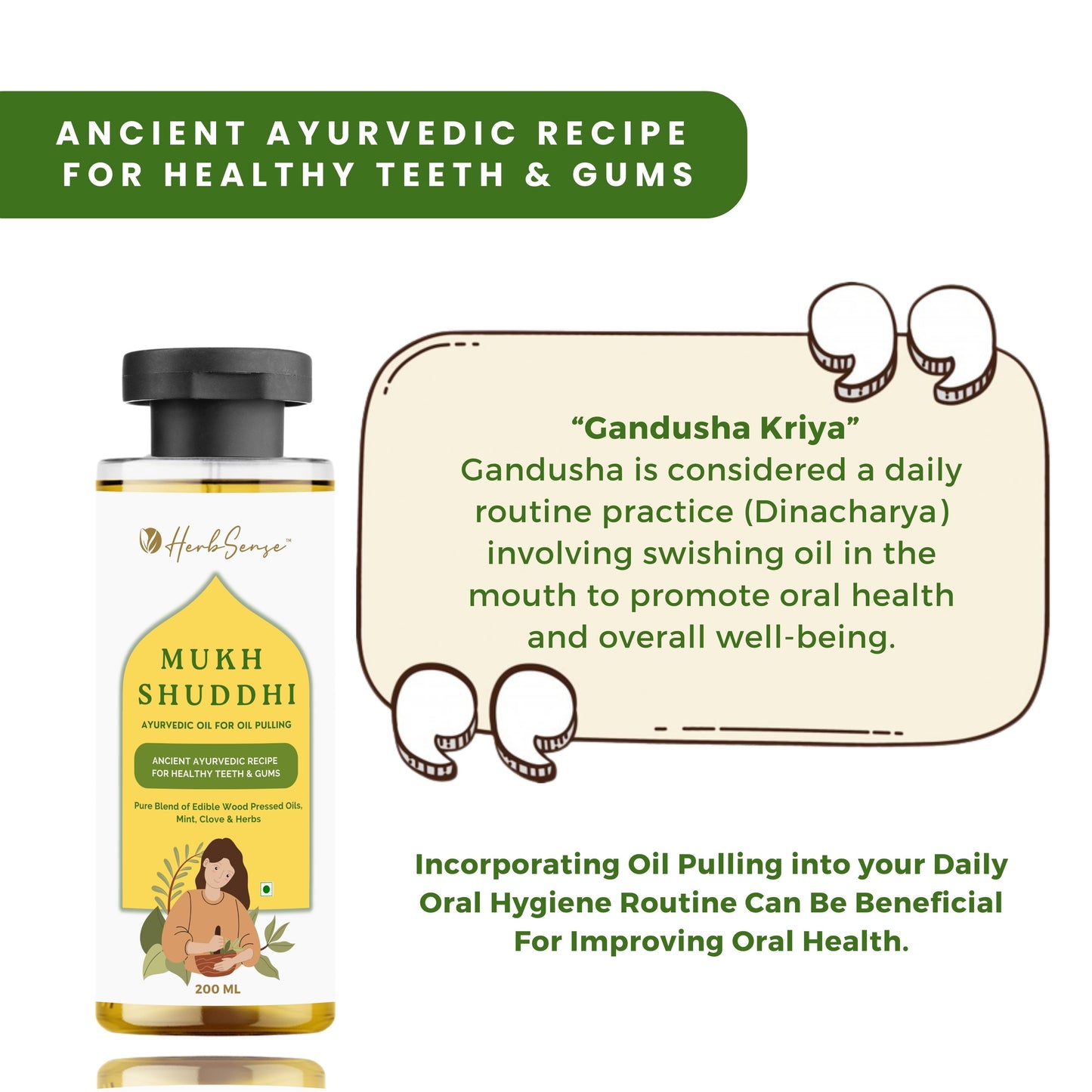 Mukh Shuddhi Natural Oral Care Combo, Ayurvedic Toothpaste 100g, Oil Pulling Mouthwash 200ml, Natural Tooth Powder 20g, 2 Bamboo Toothbrushes, Chemical Free Ayurvedic Oral Care