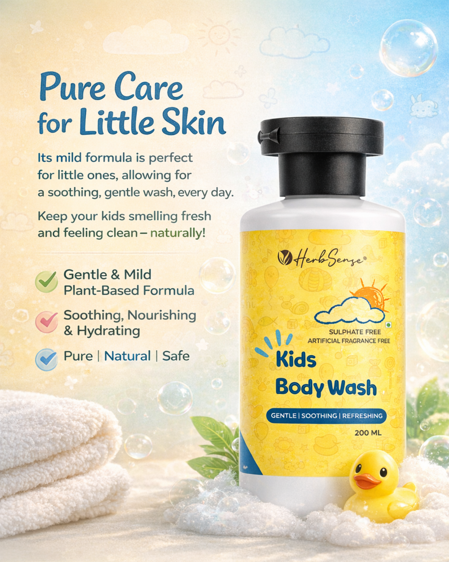 Kids Daily Shampoo & Kids Body Wash Combo Pack, Plant Based, Pure Natural & Safe, Tear Free, Zero Added Fragrance & Color (Pack of 2, 200ml x 2) For Age 1-3 Years