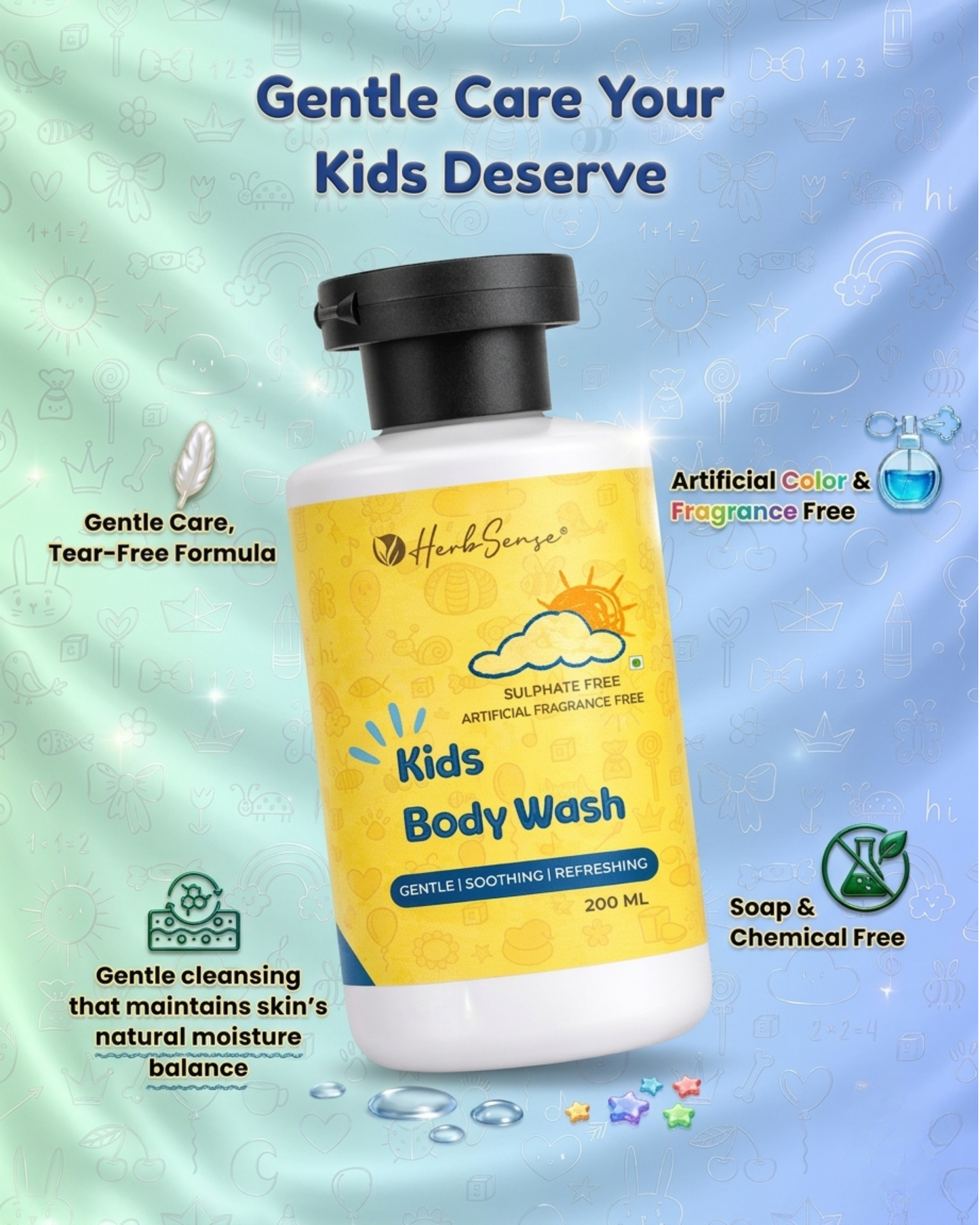 Kids Daily Shampoo & Kids Body Wash Combo Pack, Plant Based, Pure Natural & Safe, Tear Free, Zero Added Fragrance & Color (Pack of 2, 200ml x 2) For Age 1-3 Years