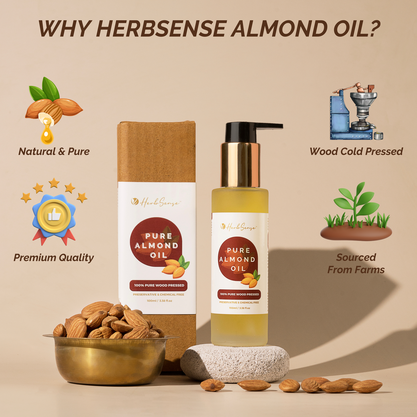 Pure Almond Oil- Wood Pressed | 100% Natural | Excellent For Skin & Hair