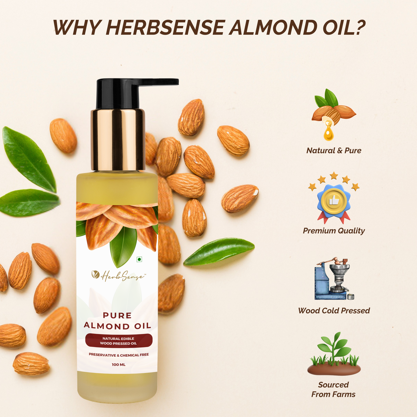 Pure Almond Oil- Wood Pressed | 100% Natural | Excellent For Skin & Hair