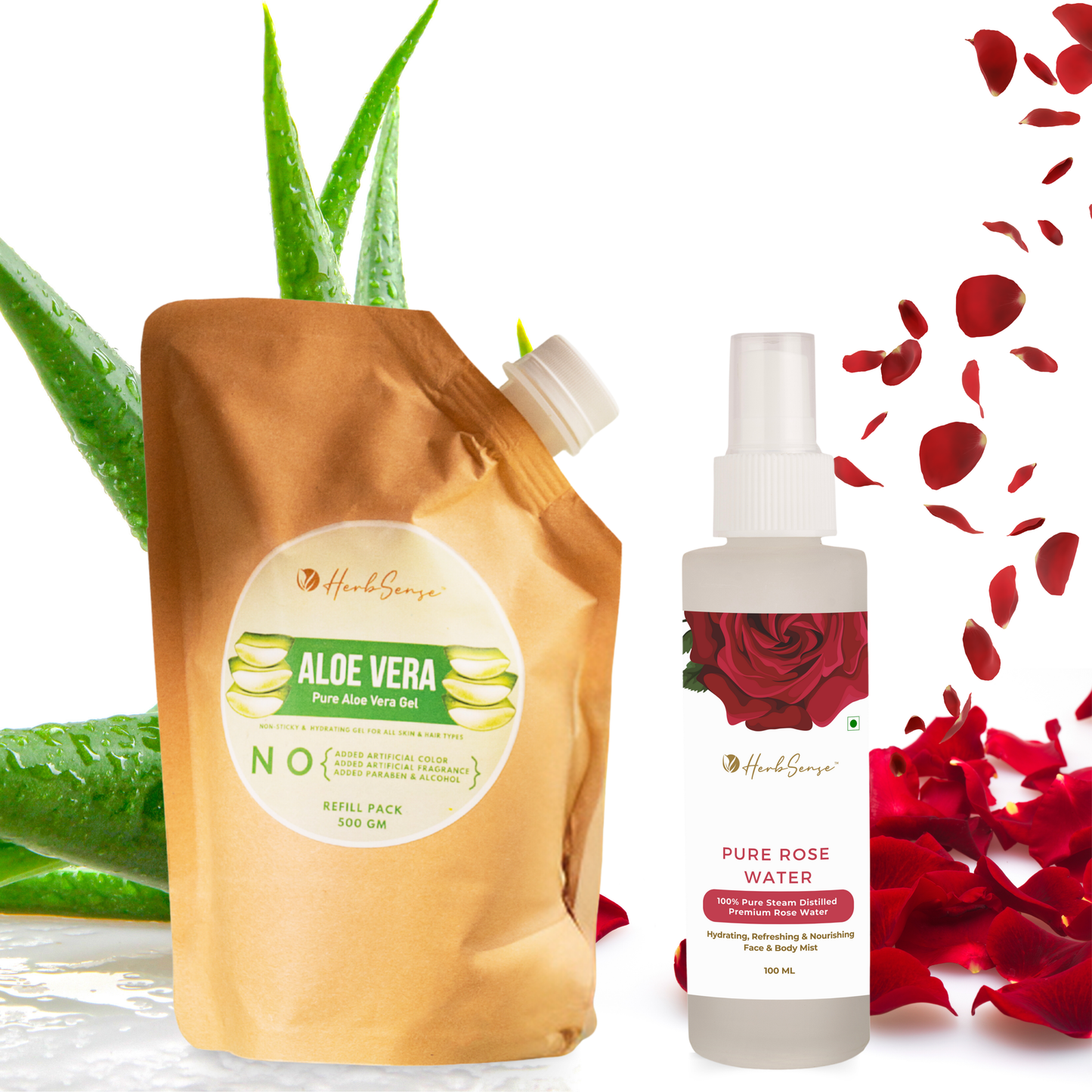 Pure Aloe Vera Gel Refill Pack + Pure Rose Water Combo Pack, Hydrating & Refreshing Combo, Eco-friendly Refill Pack 500gm  & 100ML Rose Water