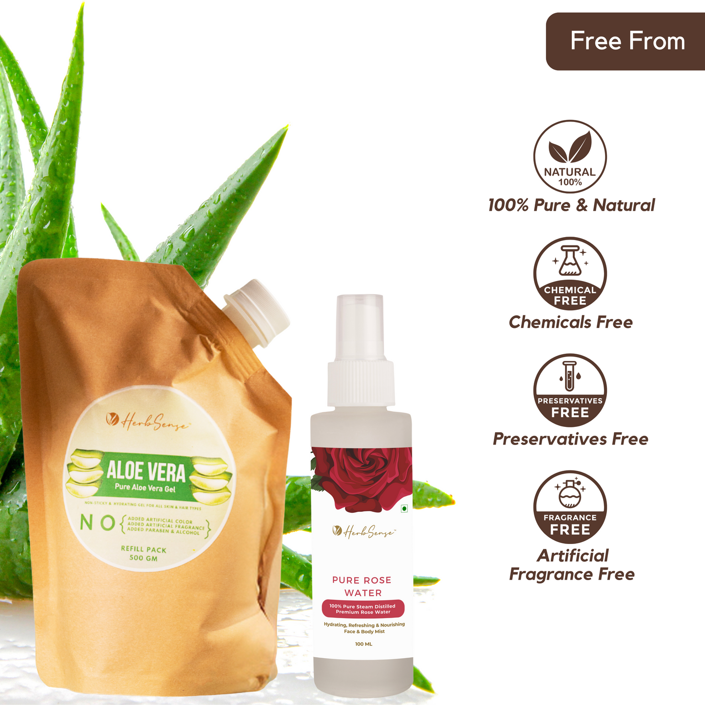 Pure Aloe Vera Gel Refill Pack + Pure Rose Water Combo Pack, Hydrating & Refreshing Combo, Eco-friendly Refill Pack 500gm  & 100ML Rose Water