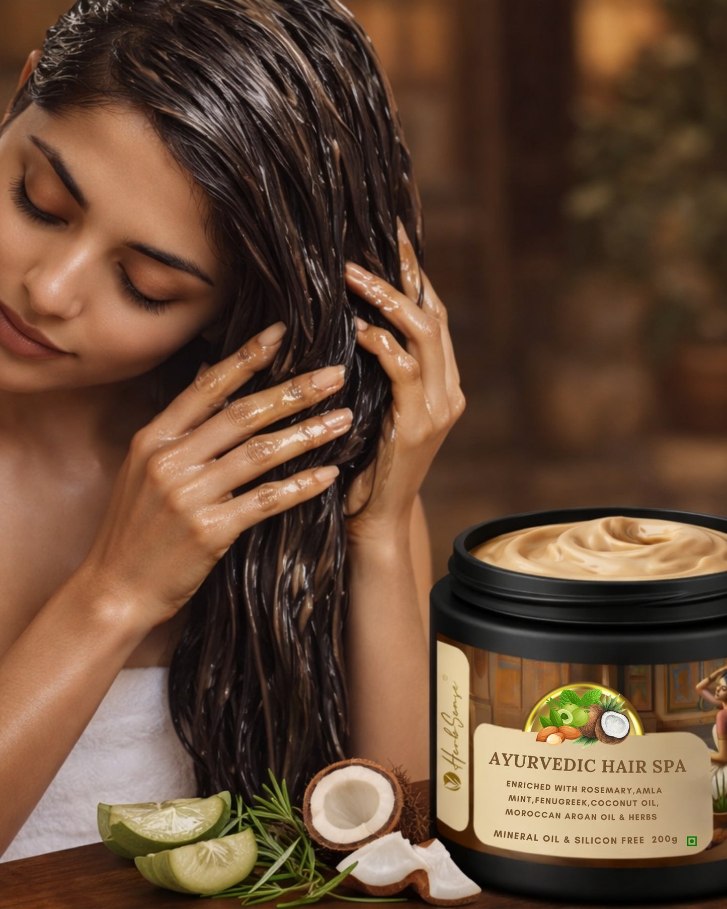 Herbsense Ayurvedic Hair Spa Cream with Rosemary, Mint, Fenugreek, Amla, Coconut, Herbs, 200g, Mineral Oil & Silicon Free, For Hair Nourishment