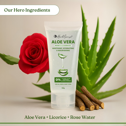 Aloe Vera Gel with Rose Water & Licorice, Soothing, Hydrating, Nourishing Gel for Face, Hair, Skin, 120g, 0% Glycerin, Color, Fragrance