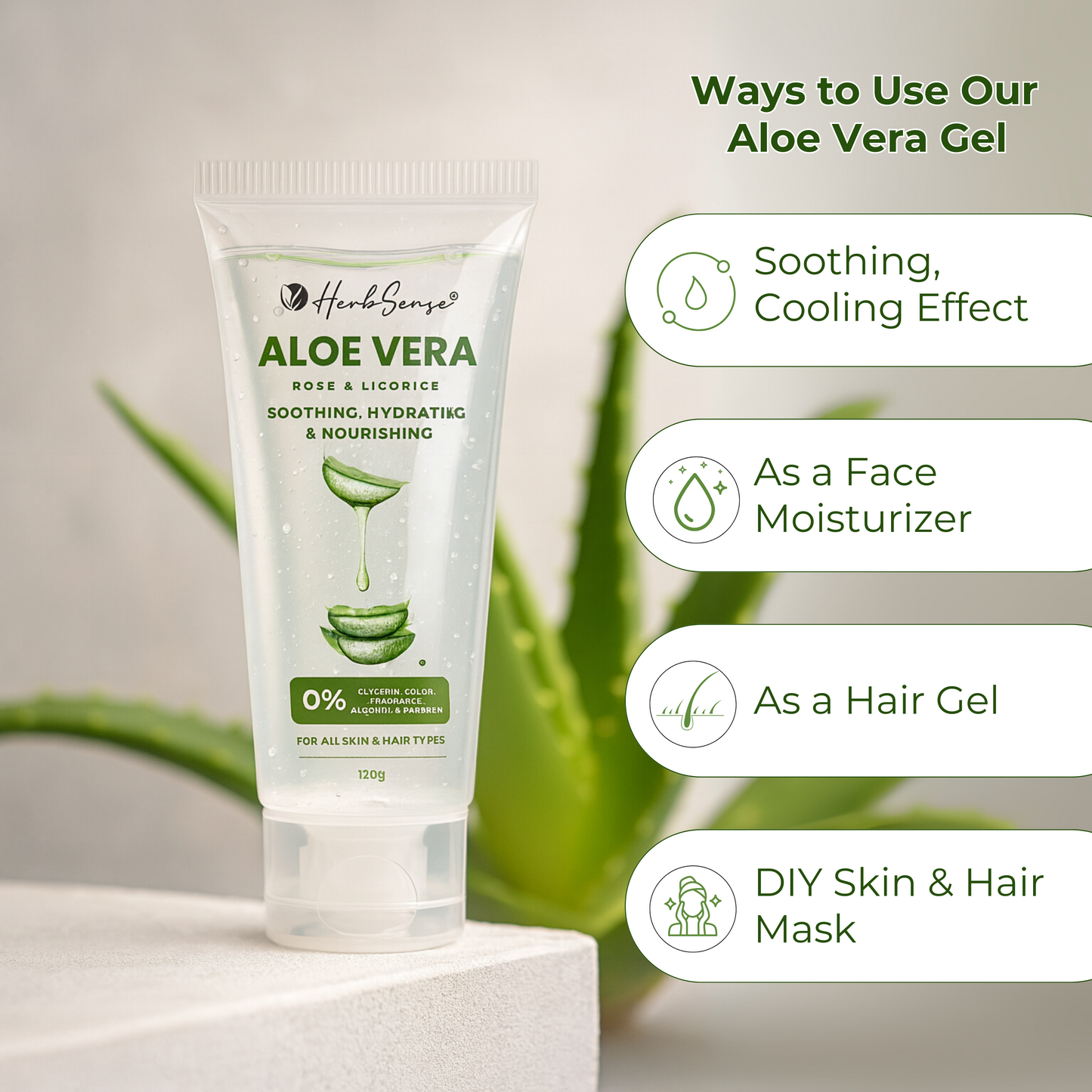 Aloe Vera Gel with Rose Water & Licorice, Soothing, Hydrating, Nourishing Gel for Face, Hair, Skin, 120g, 0% Glycerin, Color, Fragrance