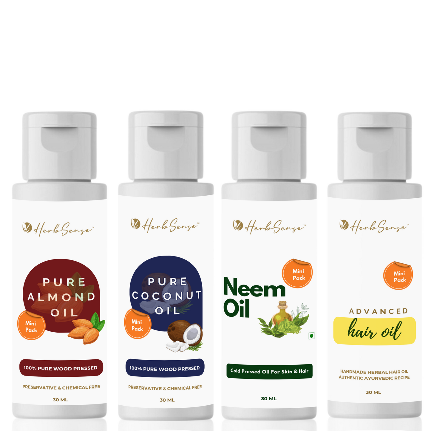 Herbsense Wood Cold Pressed Oils For Skin & Hair Combo Mini Pack- Contains Pure Almond Oil, Coconut Oil, Advanced Hair Oil & Neem Oil, Mini Oil Shots Pack of 4 For Nourished Skin & Healthy Hair ( Each 30ml, 30ml x 4 )