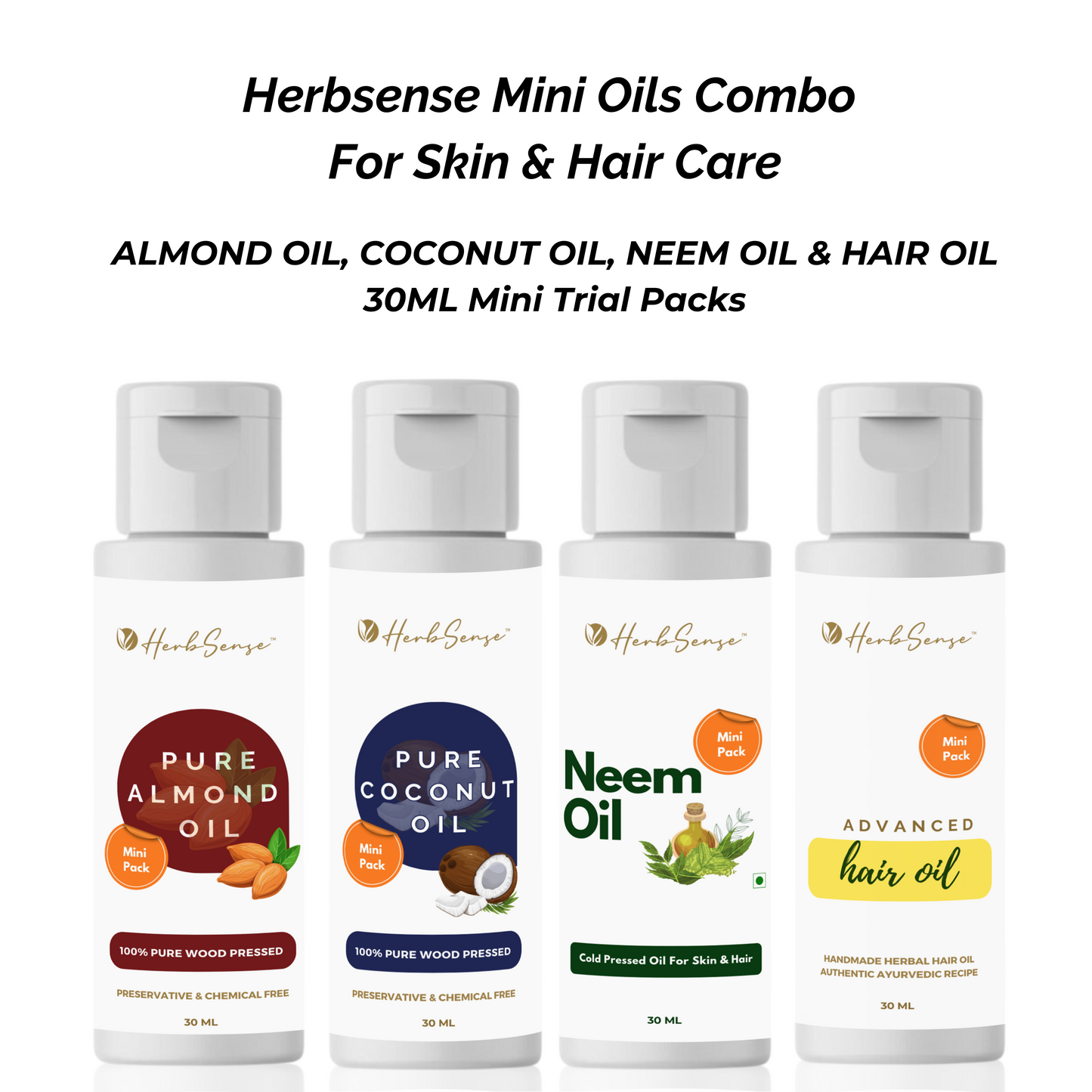 Herbsense Wood Cold Pressed Oils For Skin & Hair Combo Mini Pack- Contains Pure Almond Oil, Coconut Oil, Advanced Hair Oil & Neem Oil, Mini Oil Shots Pack of 4 For Nourished Skin & Healthy Hair ( Each 30ml, 30ml x 4 )