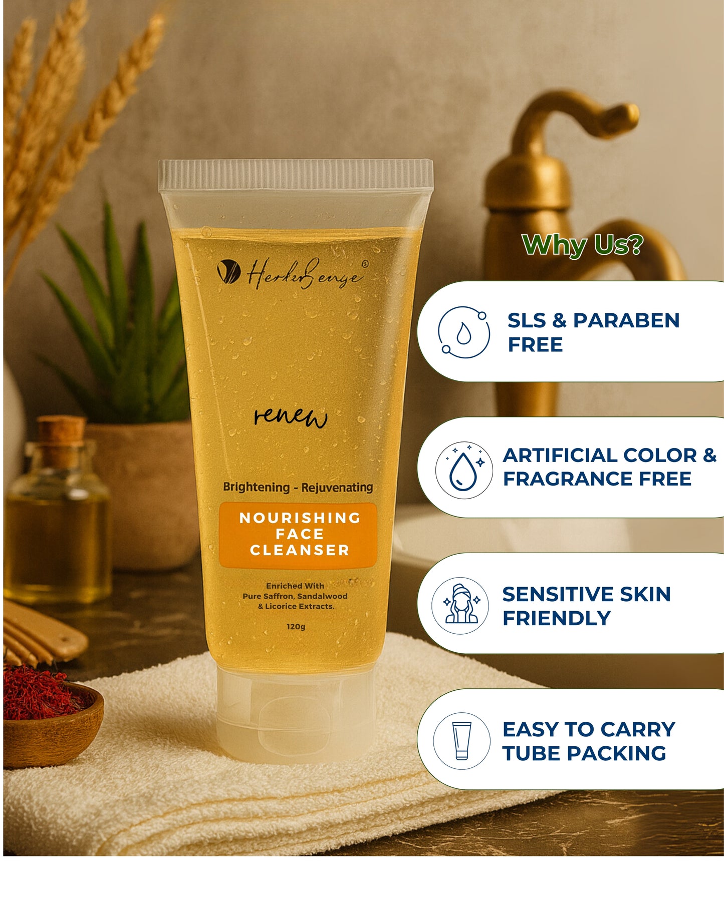 Renew Nourishing Face Cleanser, Brightening & Rejuvenating, with Saffron, Sandalwood and Licorice Extracts, SLS and Paraben Free, 120g