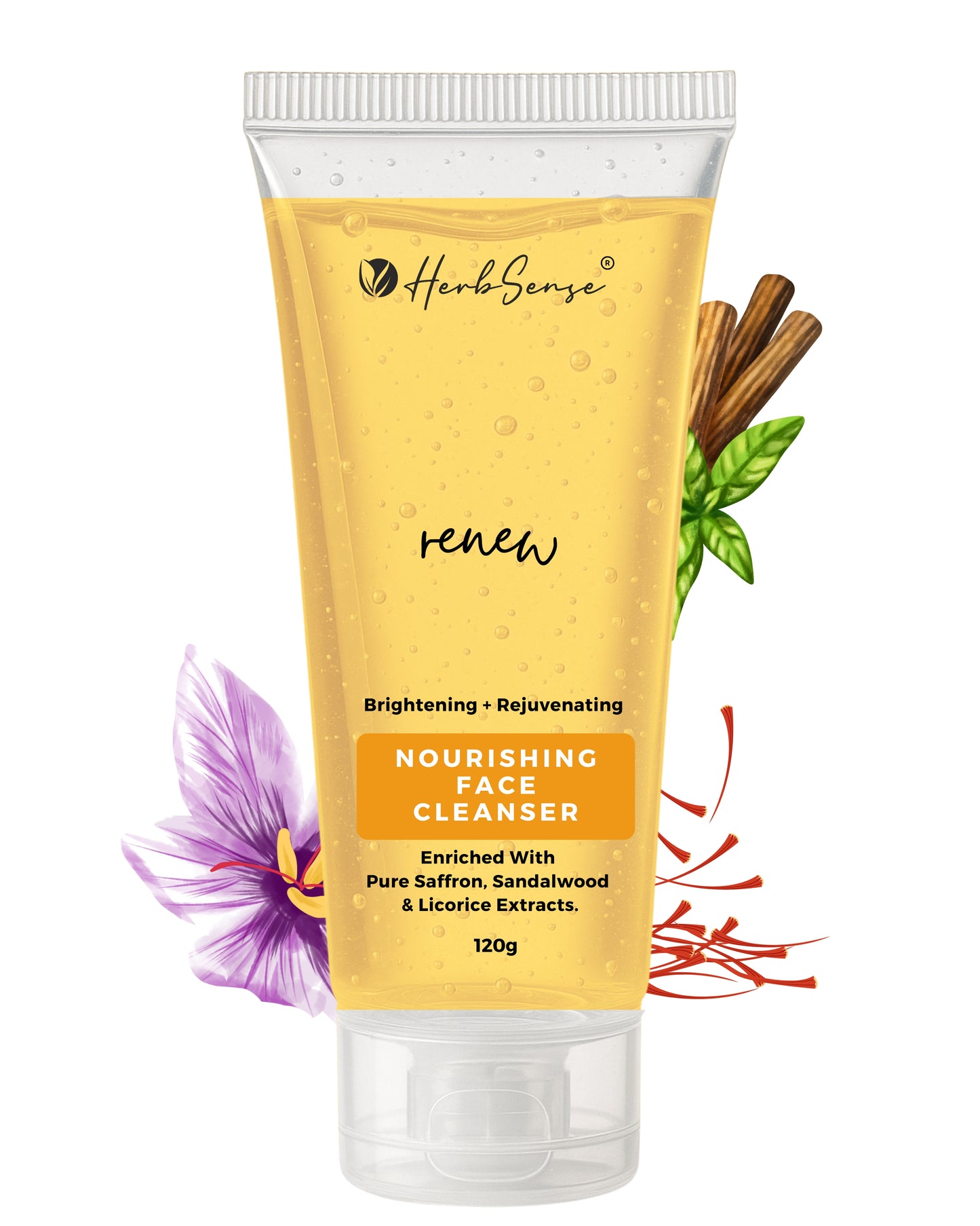 Renew Nourishing Face Cleanser, Brightening & Rejuvenating, with Saffron, Sandalwood and Licorice Extracts, SLS and Paraben Free, 120g