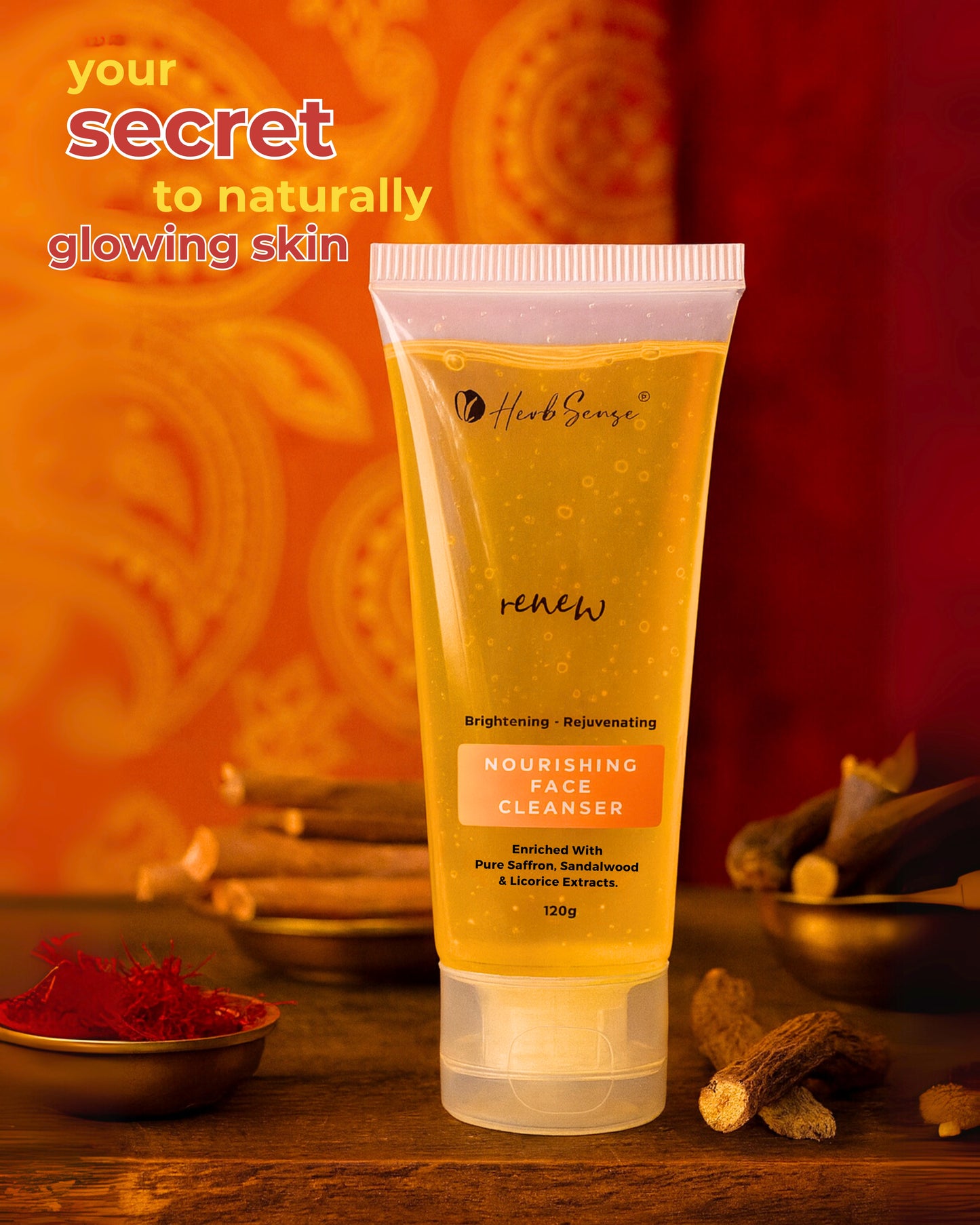 Renew Nourishing Face Cleanser, Brightening & Rejuvenating, with Saffron, Sandalwood and Licorice Extracts, SLS and Paraben Free, 120g