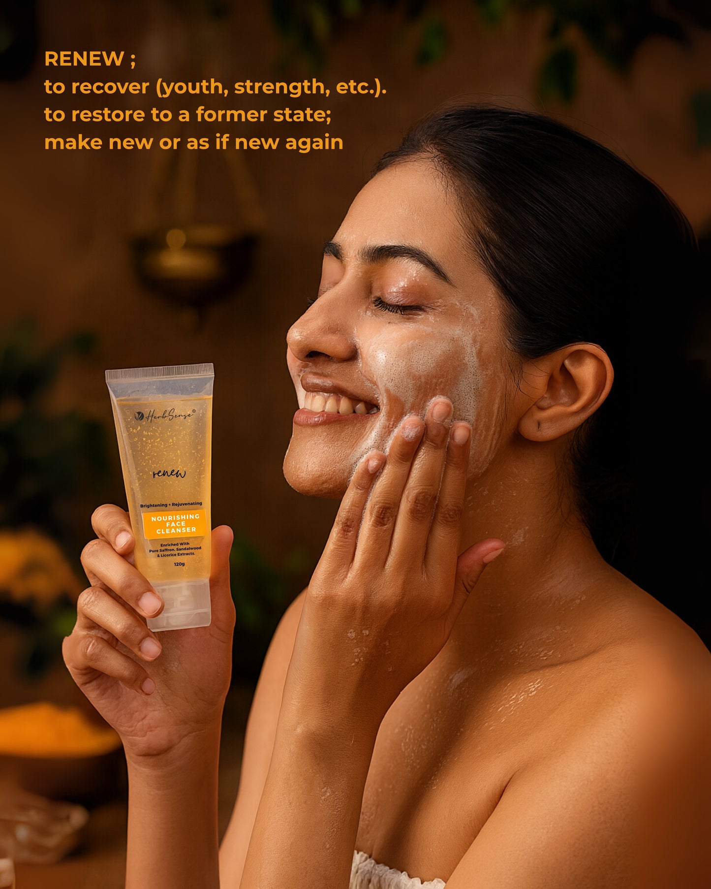 Renew Nourishing Face Cleanser, Brightening & Rejuvenating, with Saffron, Sandalwood and Licorice Extracts, SLS and Paraben Free, 120g