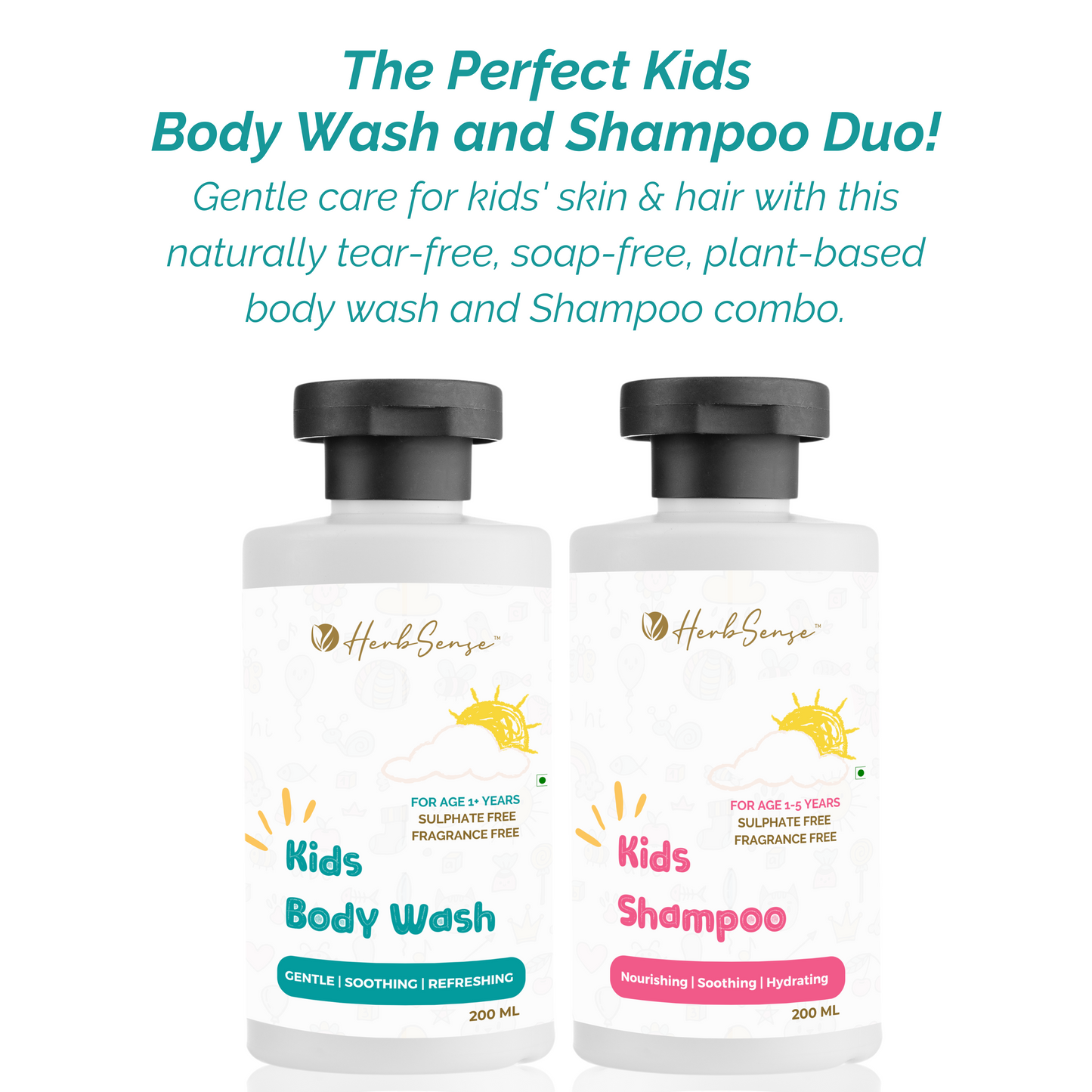 Kids Daily Shampoo & Kids Body Wash Combo Pack, Plant Based, Pure Natural & Safe, Tear Free, Zero Added Fragrance & Color (Pack of 2, 200ml x 2) For Age 1-3 Years