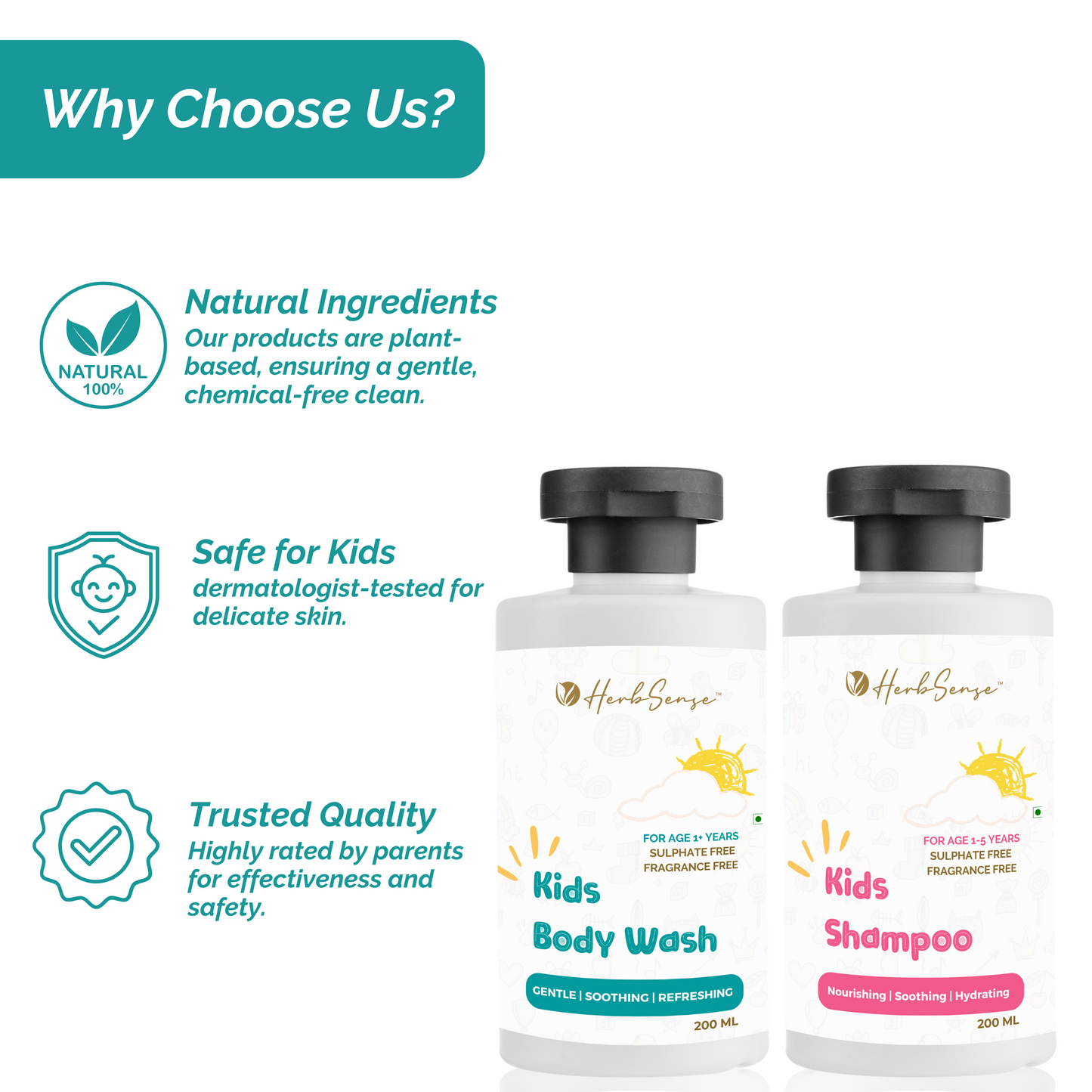 Kids Daily Shampoo & Kids Body Wash Combo Pack, Plant Based, Pure Natural & Safe, Tear Free, Zero Added Fragrance & Color (Pack of 2, 200ml x 2) For Age 1-3 Years