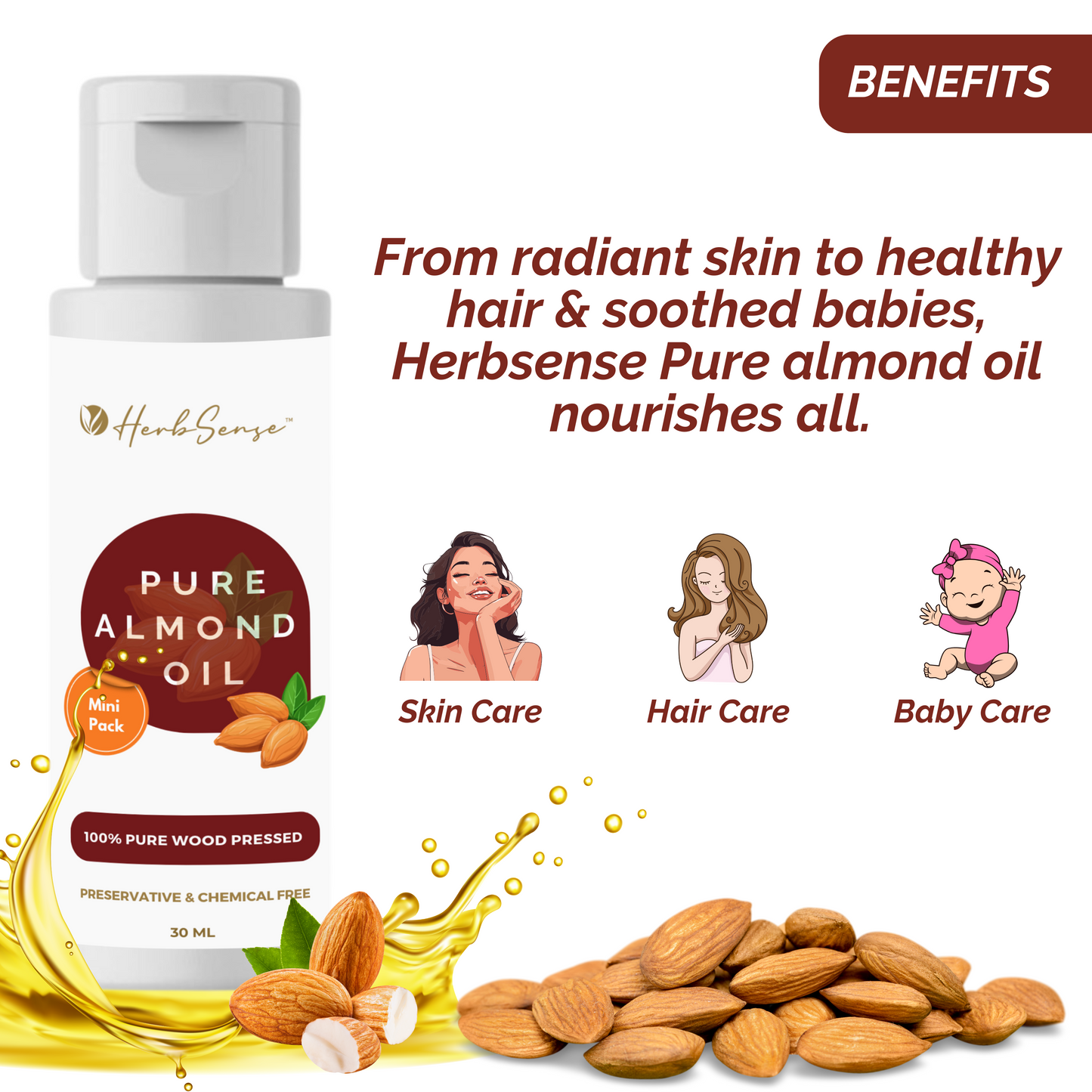 Herbsense Wood Cold Pressed Oils For Skin & Hair Combo Mini Pack- Contains Pure Almond Oil, Coconut Oil, Advanced Hair Oil & Neem Oil, Mini Oil Shots Pack of 4 For Nourished Skin & Healthy Hair ( Each 30ml, 30ml x 4 )