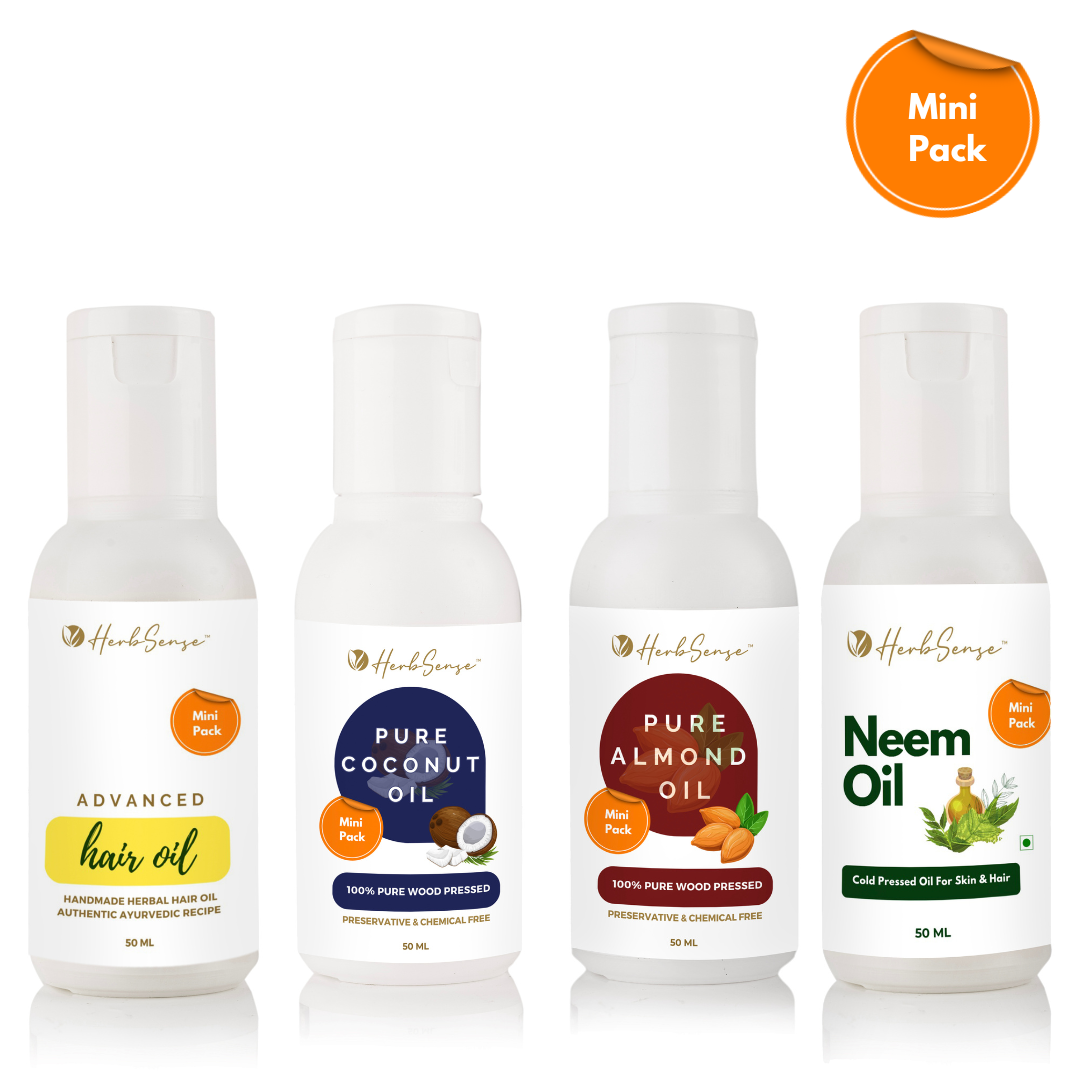 Herbsense Wood Cold Pressed Oils For Skin & Hair Combo Mini Pack- Contains Pure Almond Oil, Coconut Oil, Advanced Hair Oil & Neem Oil, Mini Oil Shots Pack of 4 For Nourished Skin & Healthy Hair ( Each 50ml, 50ml x 4 )