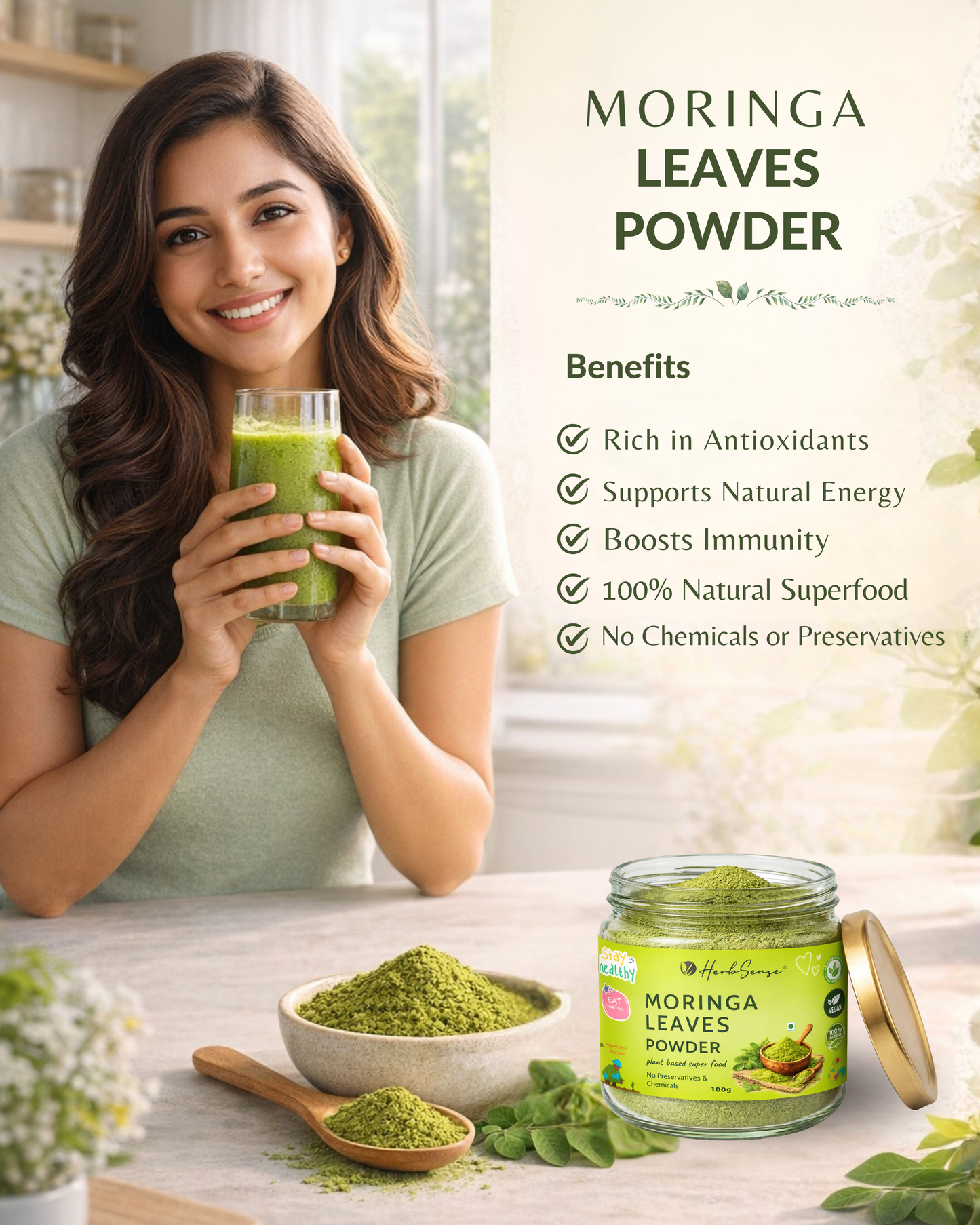 Moringa Leaves Powder-100gm- For Healthy Body & Skin, Superfood Packed with Antioxidants & Vitamins