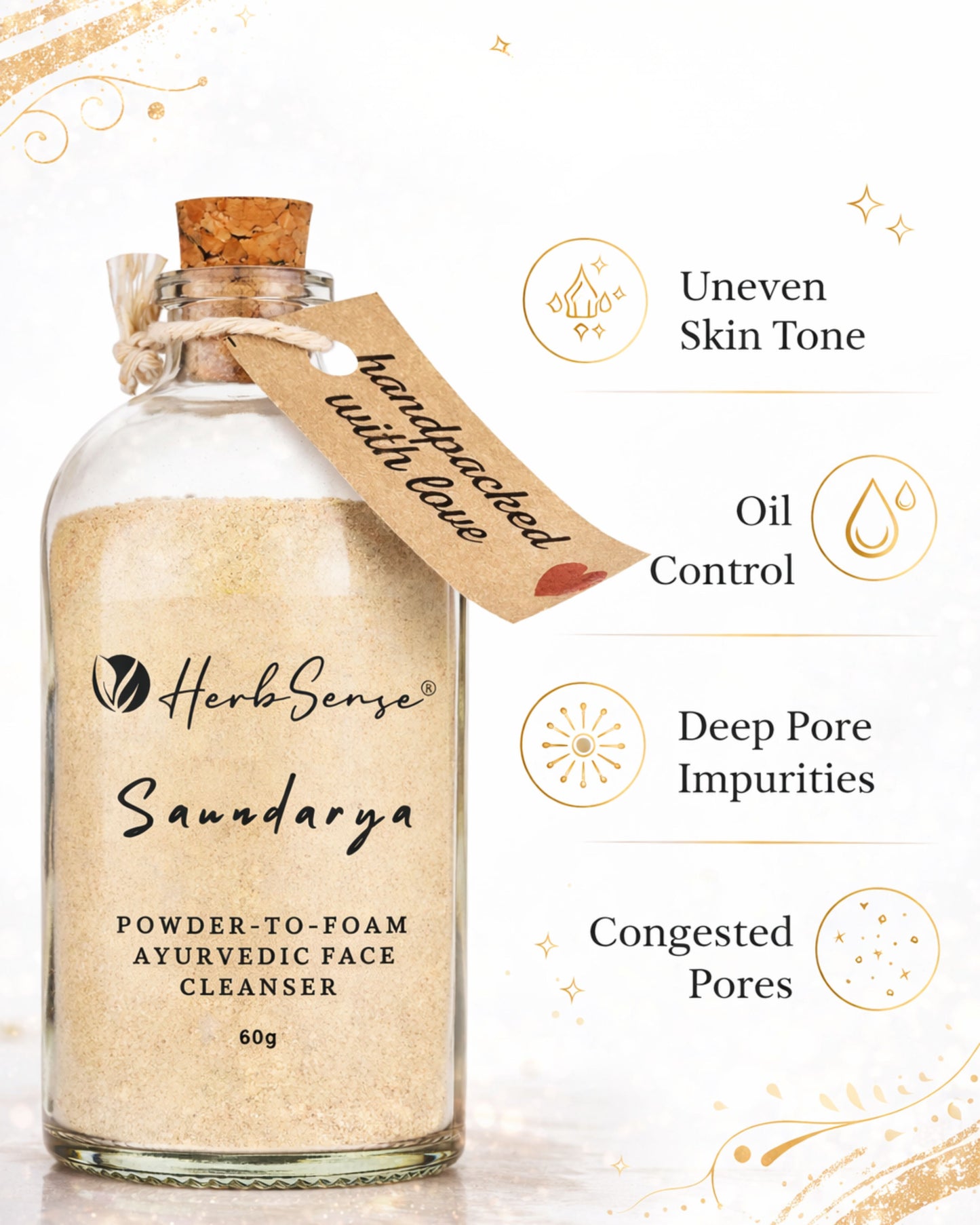 Saundarya- Plant Based Powder-to-Foam Ayurvedic Face and Body Cleanser,Powder Face & Body Wash,100% Natural , Preservative Free- 60gm