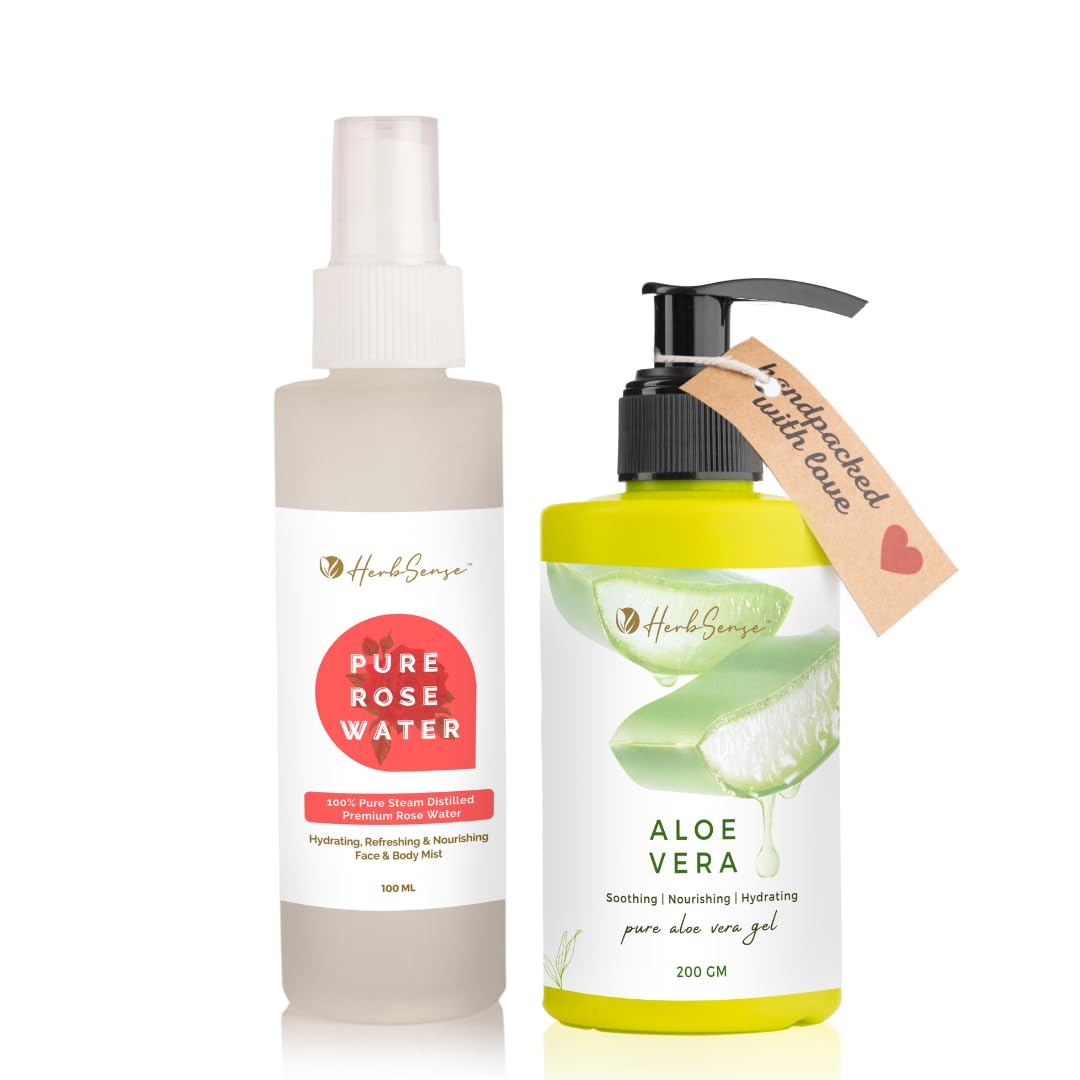 Pure Rose Water & Aloe Vera Gel Combo Pack, Hydrating & Refreshing Skin Care Combo,  Face Toner Mist, Aloe Gel 200gm + Rose Water 100ml