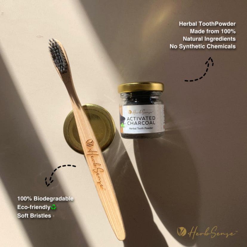 Oral Care Duo- Bamboo ToothBrush & Herbal Toothpwoder Combo | Eco Friendly, Sustainable & Natural - Herbsense