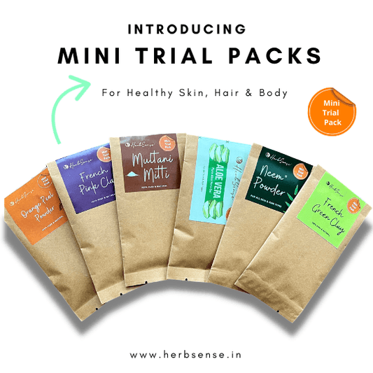 Skin Care Mini Trial Combo Pack of 6 - Aloe Vera Gel, Neem Powder, Multani Mitti, Orange Peel Powder, Pink Clay & Green Clay. - Herbsense