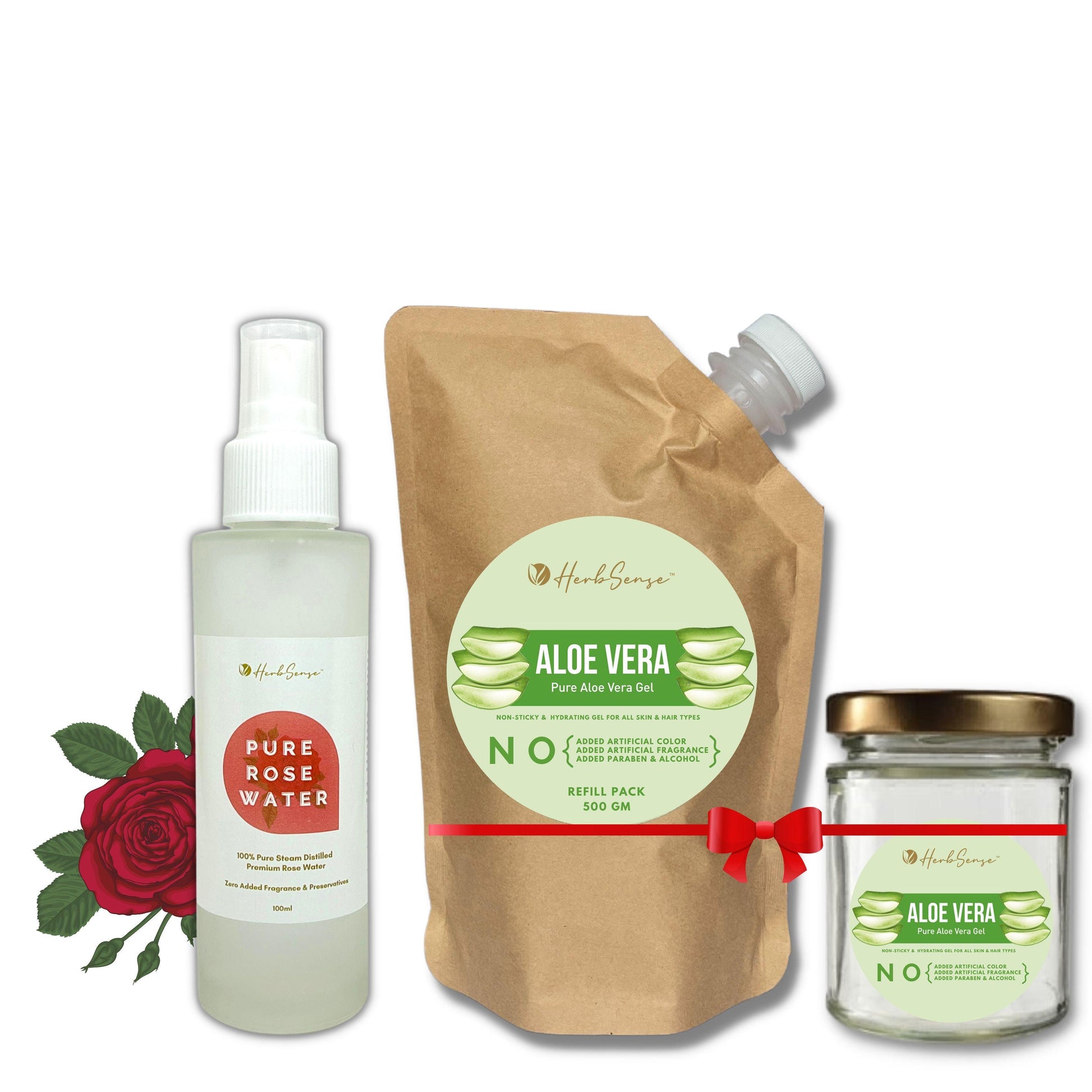 Pure Aloe Vera Gel Refill Pack + Pure Rose Water Combo Pack, Hydrating & Refreshing Combo, Eco-friendly Refill Pack With One Empty Glass Jar & 100ML Rose Water - Herbsense