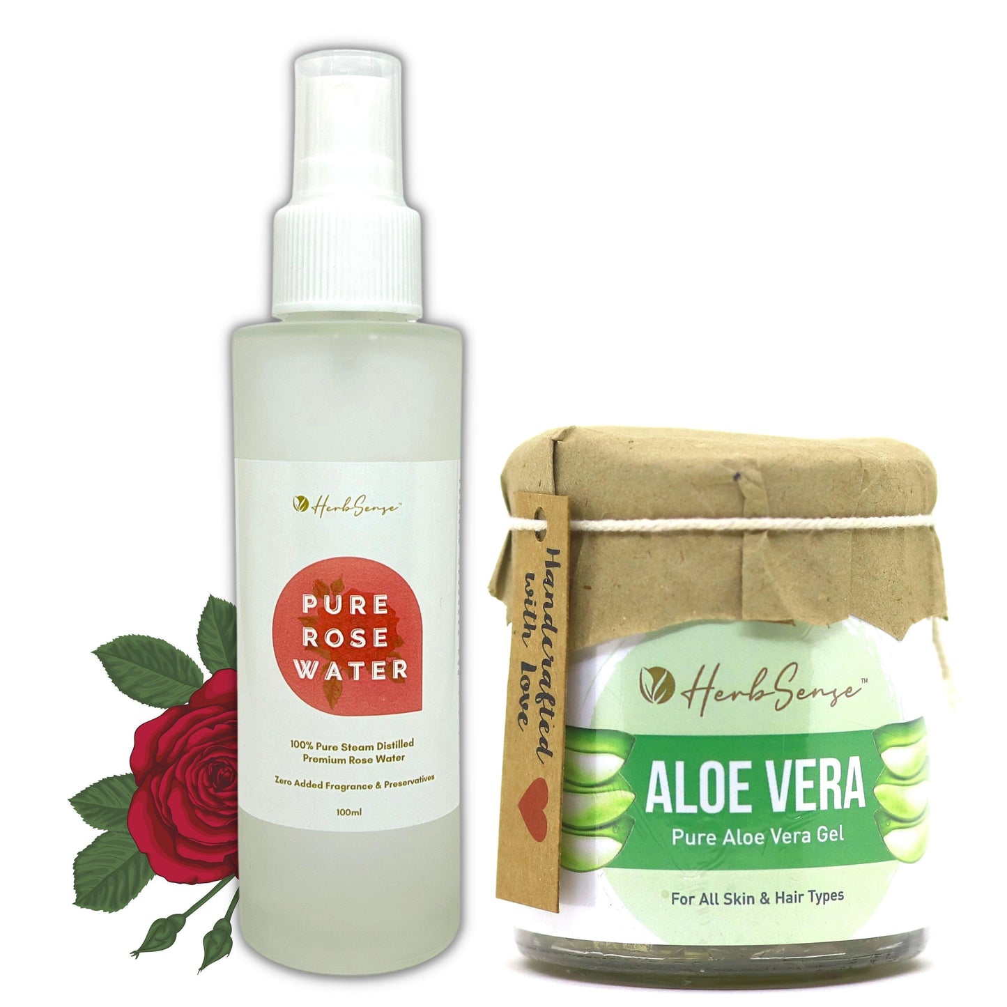 Pure Rose Water & Aloe Vera Gel Combo Pack, Hydrating & Refreshing Skin Care Combo, Face Toner Mist, Aloe Gel 150gm + Rose Water 100ml - Herbsense
