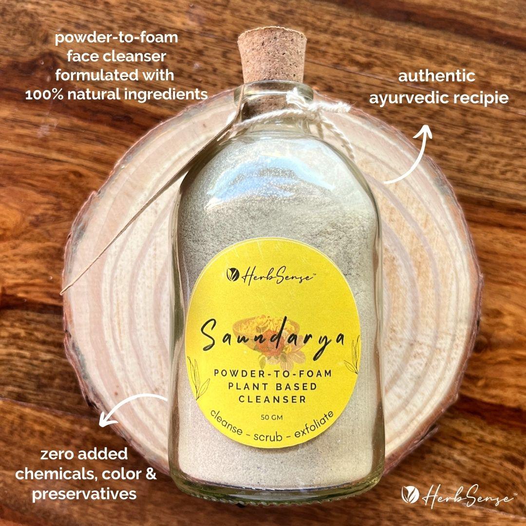 Saundarya- Plant Based Powder-to-Foam Ayurvedic Face Cleanser,Powder Face Wash,100% Natural , Preservative Free- 50gm - Herbsense